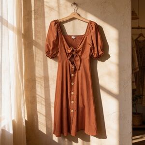 Crescent Rust Tie Front Puff Sleeve Dress Smocked Back Midi Dress
